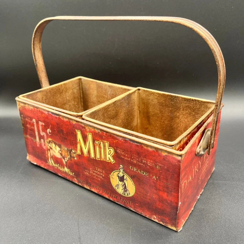 Vtg-Style Dairy Fresh Milk Metal Nesting Crates Tin 3 Piece‎ Set Farmhouse Decor